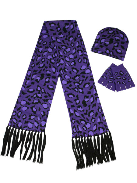 Rock Daddy Schal Scarf Set Fingerlose Handschuhe Mütze Leopard Lila  5008