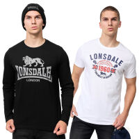 Lonsdale Herren T-Shirt und Longsleeve Doppelpack Fintona Schwarz und Weiß 6104